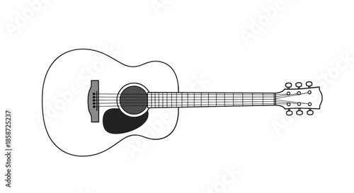 A simple black and white line art illustration of an acoustic guitar isolated on a white background. This clean and minimalist graphic represents music musical instruments and acoustic performance.