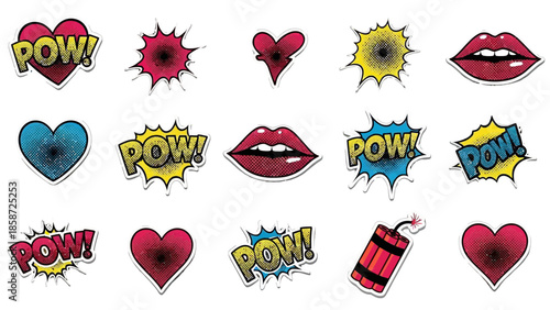 Pop art comic stickers with boom text hearts lips and dynamite on transparent background