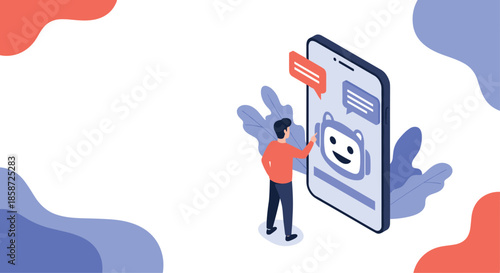 An isometric illustration of a user interacting with a chatbot on a smartphone for customer service. The image with a decorative background represents AI technology and automated online assistance.