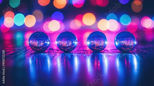 Smooth transparent glass spheres reflecting vibrant colorful bokeh lights on a shiny textured surface