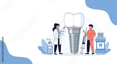 A female dentist explaining a dental implant procedure to a male patient with a large implant model and dental care products. This flat illustration represents dentistry and oral surgery services.