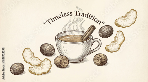 Engraved collection of premium design featuring a warm beverage with spices and fruit for a timeless tradition experience