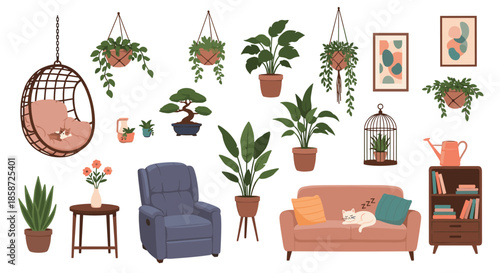 Collection of cozy living room furniture and decor elements including a sofa armchair plants and a sleeping cat for interior design.