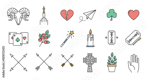 Collection of colorful minimalist tattoo style icons including hearts arrows playing cards a magic wand and a Celtic cross.