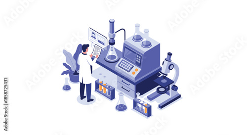 Male scientist in a white lab coat working with advanced scientific equipment and a microscope in a modern research laboratory.