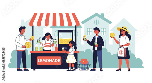 Children selling fresh lemonade at a neighborhood stand to smiling customers who are paying with large gold coins.