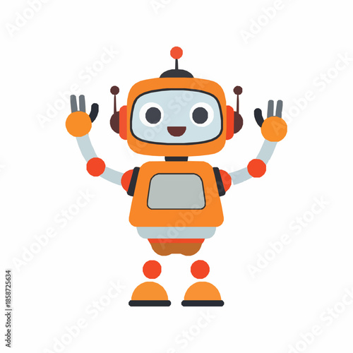 Playful cartoon robot vector illustration with raised arms and happy expression