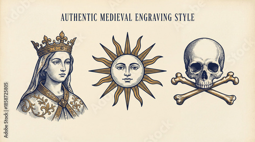 Unique collection of engraved art featuring medieval influences and intricate designs showcasing a queen, sun, and skull