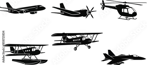 Silhouettes of various aircraft planes helicopters and a jet fighter