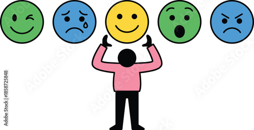 Emotion choice concept illustration, person selecting happy face among emoticons, emotional intelligence decision making, mental health, feelings selection vector design