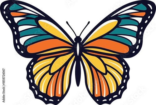 A vibrant colorful butterfly design with intricate wing patterns and a black outline