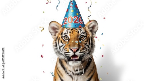 Cute young tiger cub wearing a blue 2026 party hat with confetti isolated PNG with Transparent Background