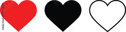 Heart icons set illustration, red black outline heart symbols, love romance design elements, minimal style, Valentine graphic collection