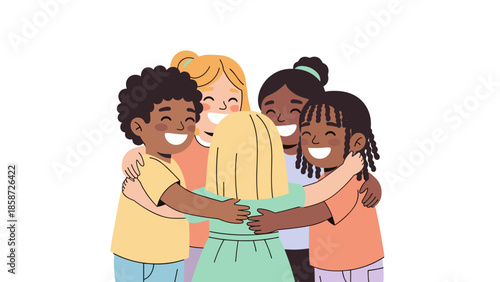 Inclusive friendly characters hugging each other with smiles on a light background