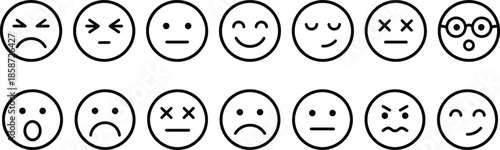 Minimal emoji faces icon set, black outline emoticons showing emotions, user interface symbols, social media reactions, vector illustration pack collection