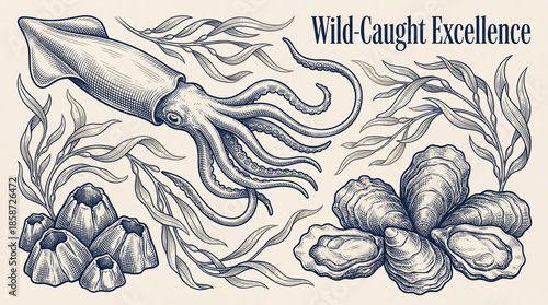 Engraved collection showcasing wild-caught excellence with intricate squid and shellfish designs and flowing seaweed elements