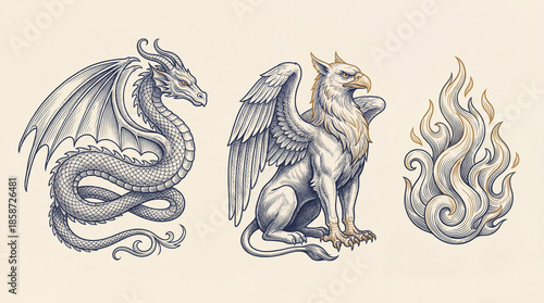 Engraved collection of mythical creatures featuring a dragon, griffin, and flame design