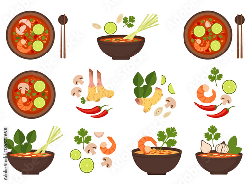 Collection of Thai Tom Yum Soup Bowls and Ingredients Flat Lay