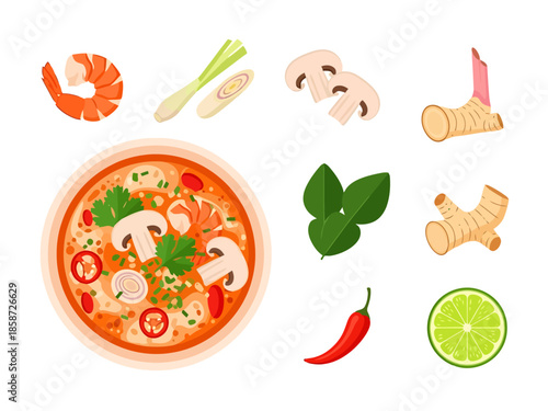 Tom Yum Soup Ingredients and Preparation Flat Lay