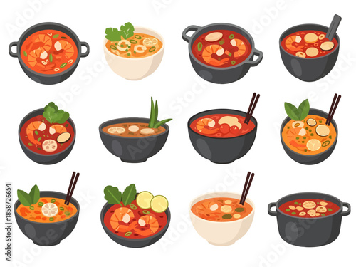 Assortment of Flavorful Hot Soups and Stews with Seafood and Vegetables