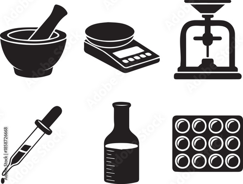 Pharmacy Medical Silhouette Icons Set – Mortar Pestle Dropper Medicine Bottle Pills Blister Digital Scale