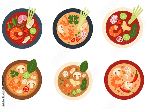 Assortment of Delectable Spicy Seafood Soup Dishes Presented From Above Culinary Variety