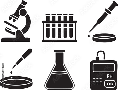 Laboratory Science Silhouette Icons Bundle – Microscope Test Tubes Petri Dish Pipette Flask pH Meter Set