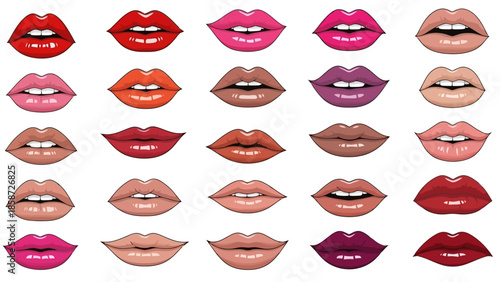 Collection of diverse lip illustrations showcasing various lipstick colors and styles on a white background