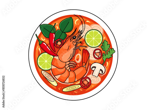 Flavorful Shrimp Soup Dish with Spicy Ingredients and Citrus Slices Overhead View
