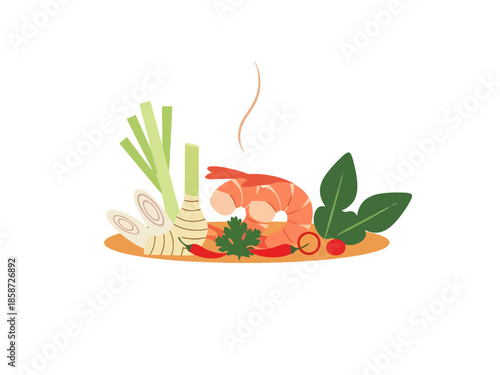 Aromatic Asian Soup Ingredients with Shrimp and Chili Pepper