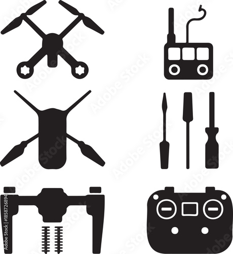 Drone Silhouette Icons Bundle – Quadcopter Remote Controller UAV Parts Vector Set