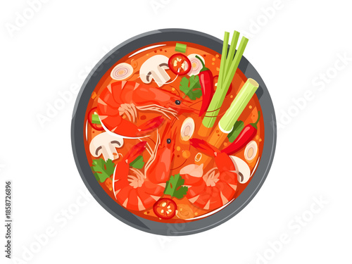 Fresh Shrimp in Spicy Broth with Herbs and Mushrooms Top View