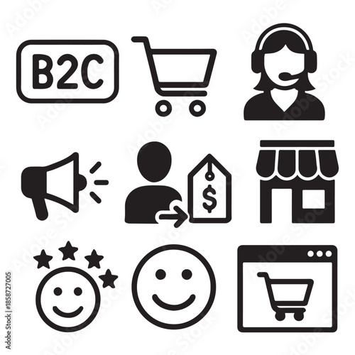 B2C Icon Set – Business to Consumer, E-Commerce, Retail, Digital Marketing and Customer Service Solid Vector Icons