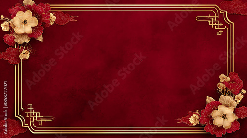 Luxury chinese background with elegant floral corner border and festive oriental background design for celebration invitation greeting card or banner layout in red and gold tone