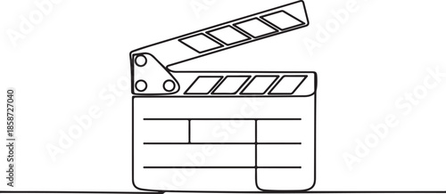 A line art illustration of an open movie clapperboard.