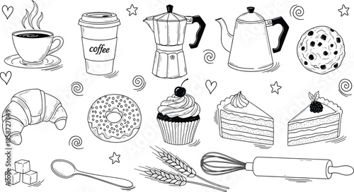 Hand Drawn Bakery and Coffee Line Art Collection Featuring Croissant Donut Cupcake Cake Slices Coffee Cup Teapot Moka Pot and Cookies