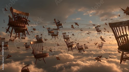 Surreal Scene of Wooden Chairs and vintage piano Floating in a Dark Stormy Sky