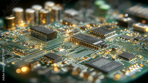 A complex green circuit board showcasing electronic components that represent engineering precision and hardware design.
