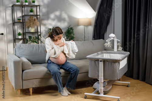 Photos Expecting mother sits on sofa holding baby clothes near bedside bassinet prepari