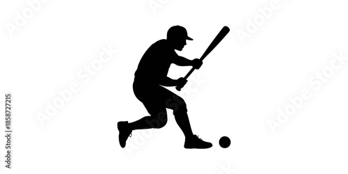 Baseball player hitting ball with bat. Black silhouette