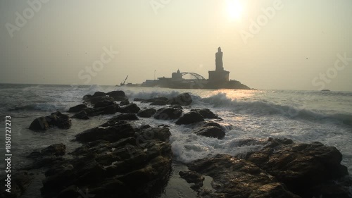 Beautiful Sunrise with Scenic coastal view of the Thiruvalluvar Statue.