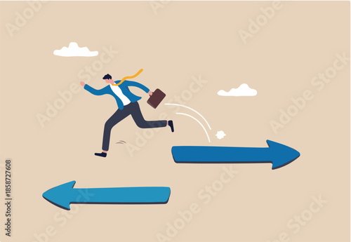 Change career, decide to go different path or direction, challenge to find new way or opportunity, progress to other choice or journey concept, businessman change from arrow sign to other direction.