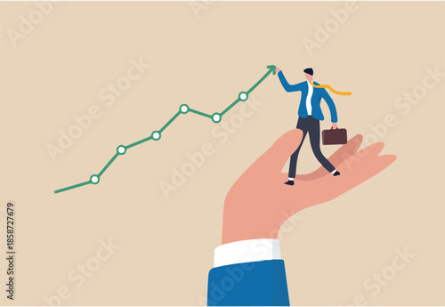 Drive sale increasing profit, business growth planning, support or help to increase income or profit, wealth management or investment concept, businessman standing on helping hand pull up rising graph