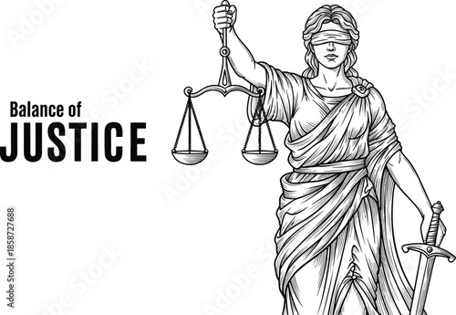 Blindfolded Lady Justice Holding Scales and Sword with Balance of Justice Text Vector Illustration for Legal Judicial and Law Concepts