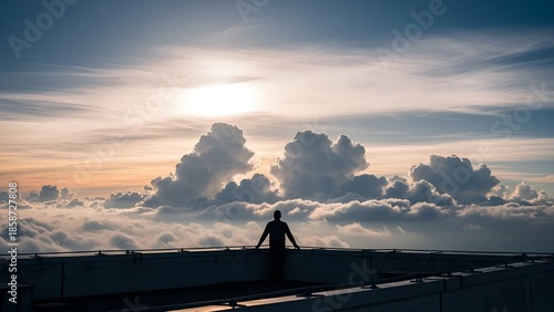 Silhouette of a person contemplating and looking at the clouds at sunset.