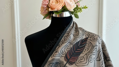 Detailed View of Grey Silk Scarf with Feather Pattern and Swirl Motifs Accented by a Floral Headpiece on Mannequin