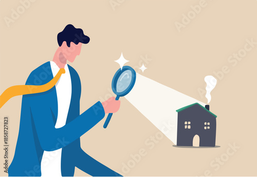 Searching for new house, look for real estate and accommodation valuation or new rent and mortgage concept, smart businessman using magnifying glass zooming to see house or residential details.