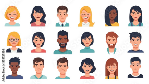 Diverse group of people illustrated in a grid pattern on a white background