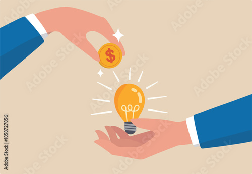 Crowd funding, new business or start up company to get money or venture capital to support or sponsor business concept, businessman hand giving money dollar coin to new business idea light bulb