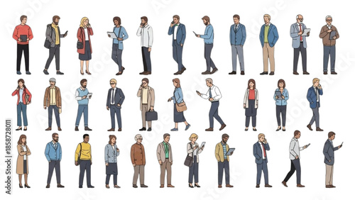 Diverse group of people walking in various directions on a plain white background